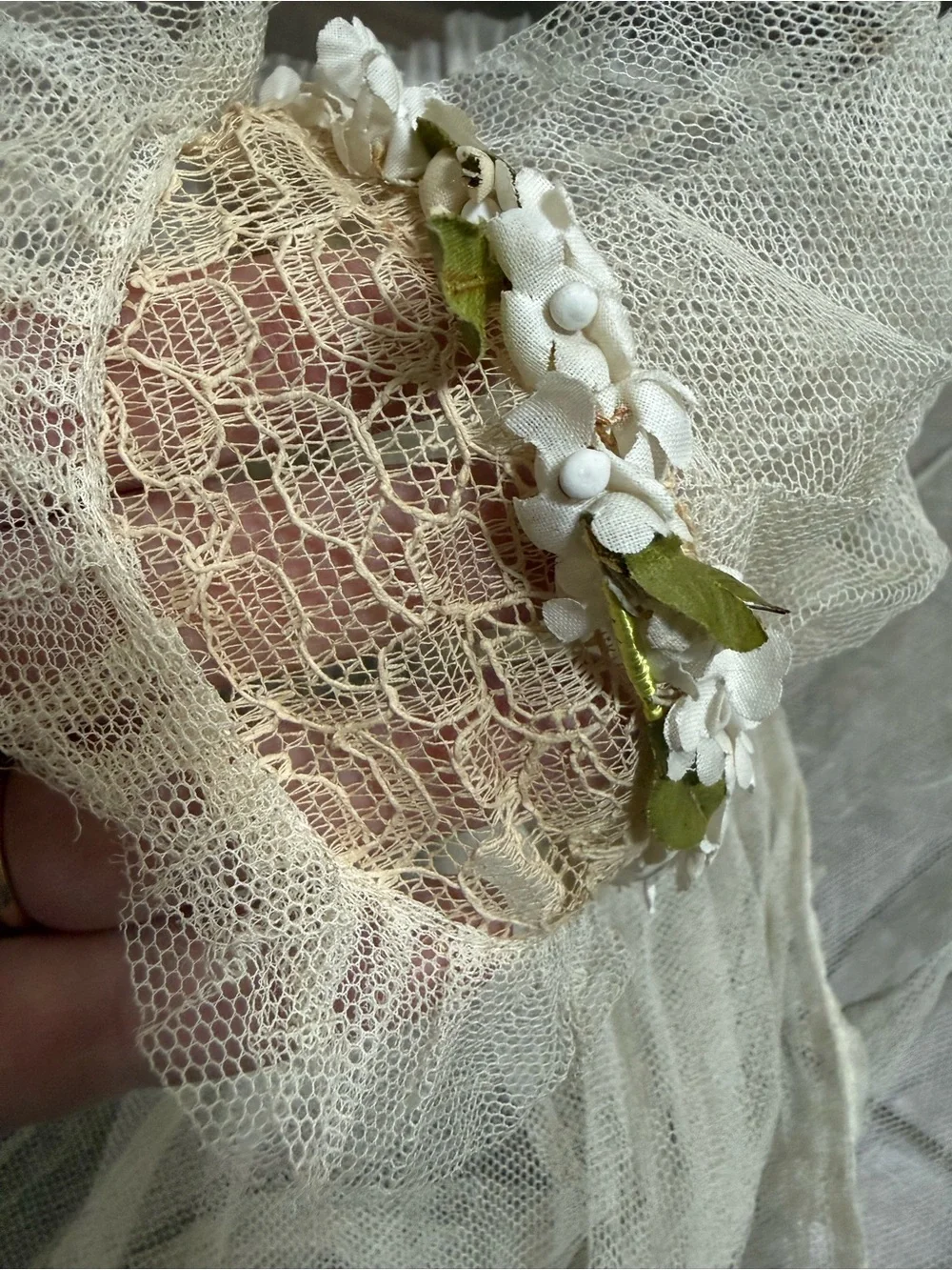 Vintage 1920s Juliet Cap Veil with Silk Floral Accents & Lace Netting